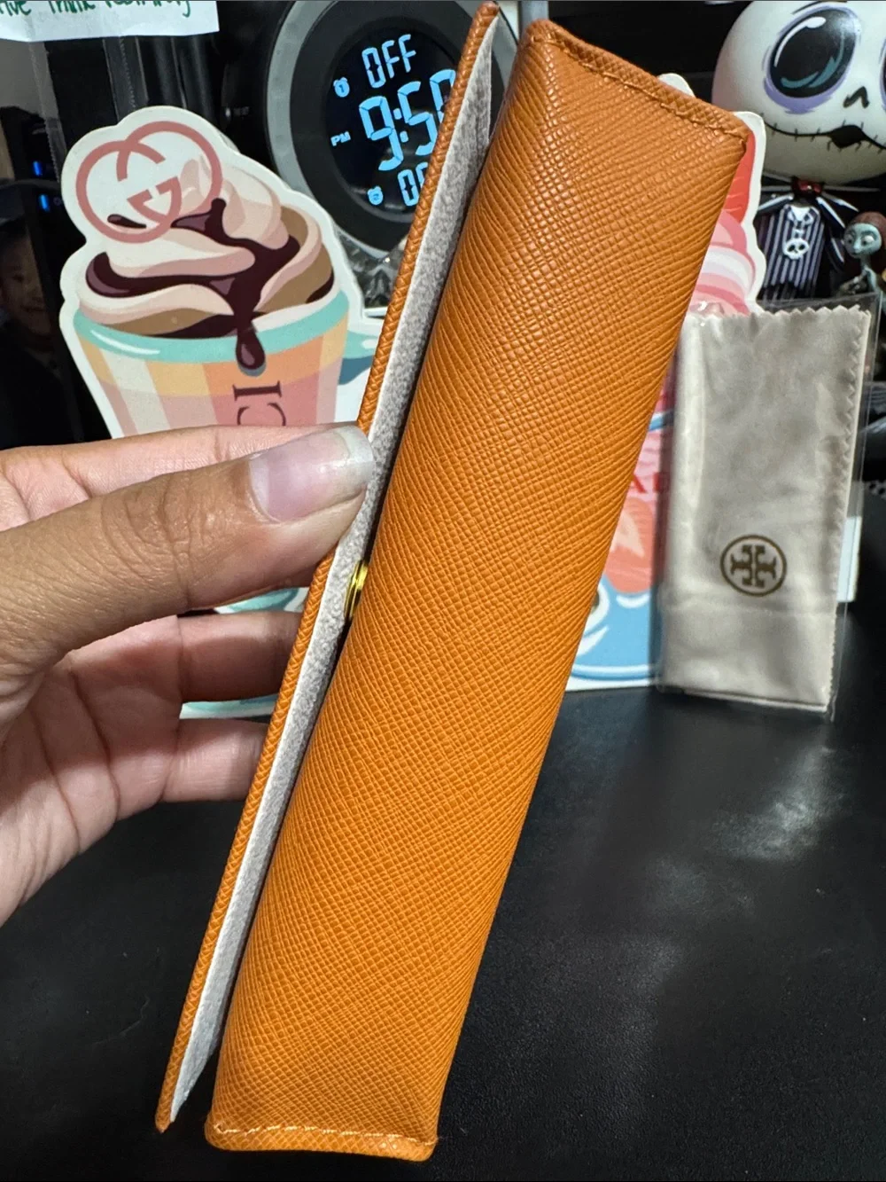 Tory Burch Orange Saffiano Leather Glasses Case with Gold Logo